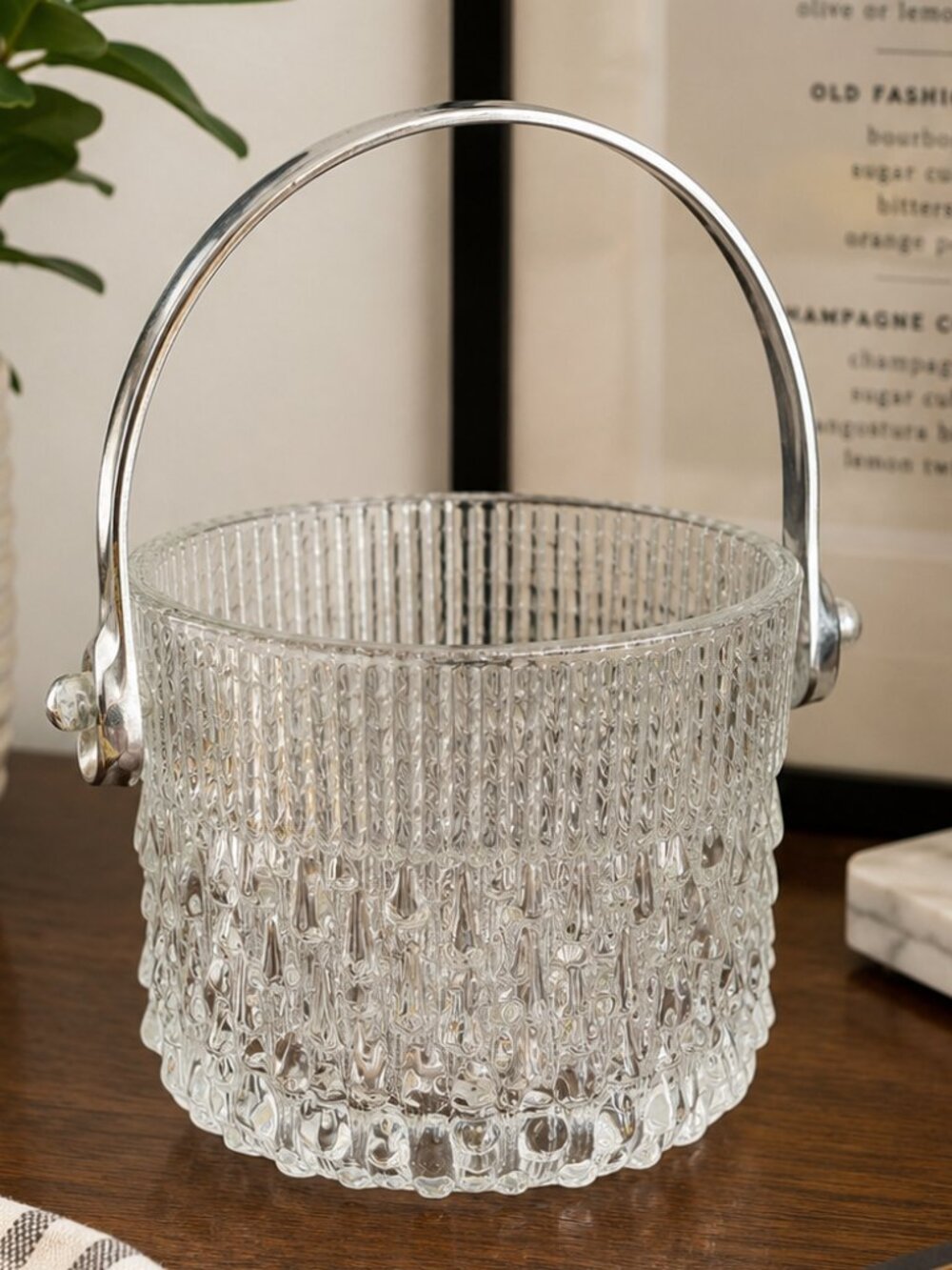 Vtg Teleflora French Glass Ice Bucket Biscuit Jar w/ Chrome Handle Textured MCM